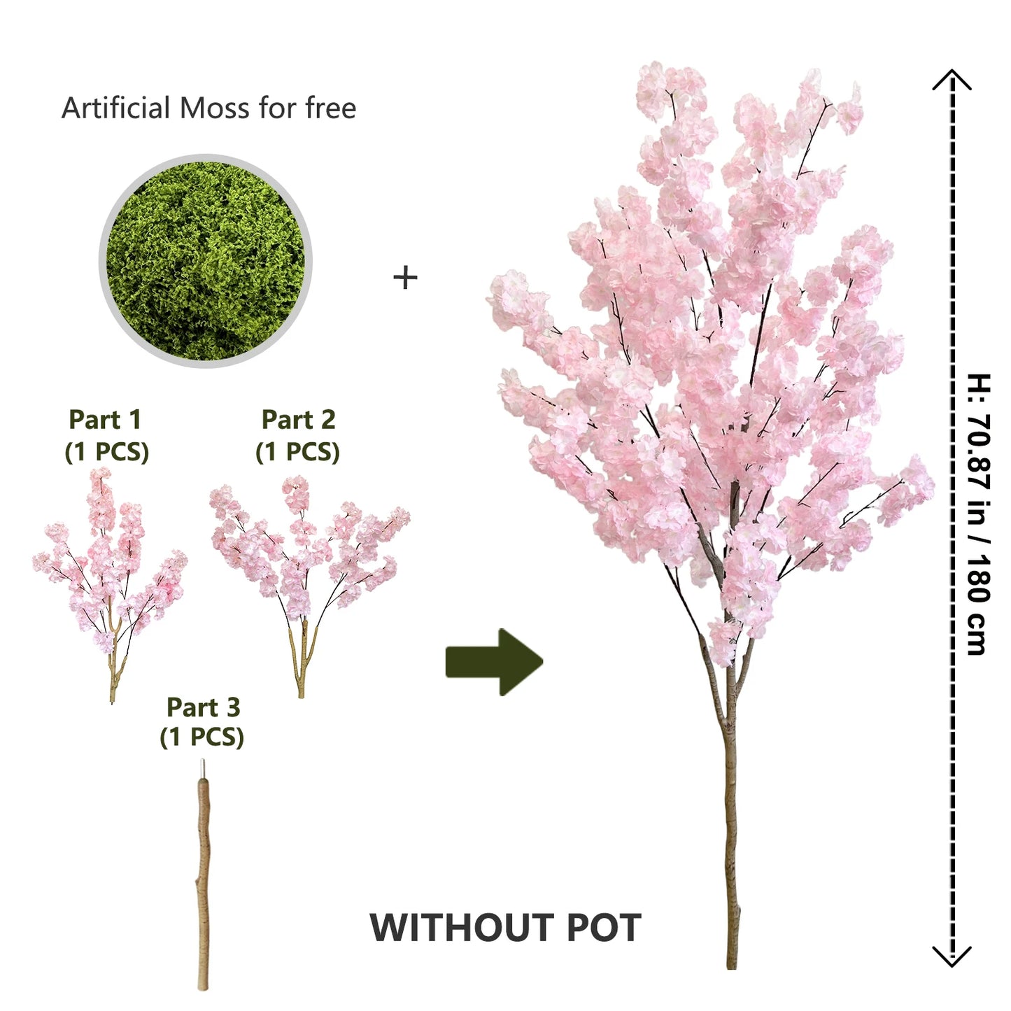Artificial Pink Cherry Blossom Tree Trunk Faux Silk Leaves Plant for Home Office Indoor Outdoor Decor