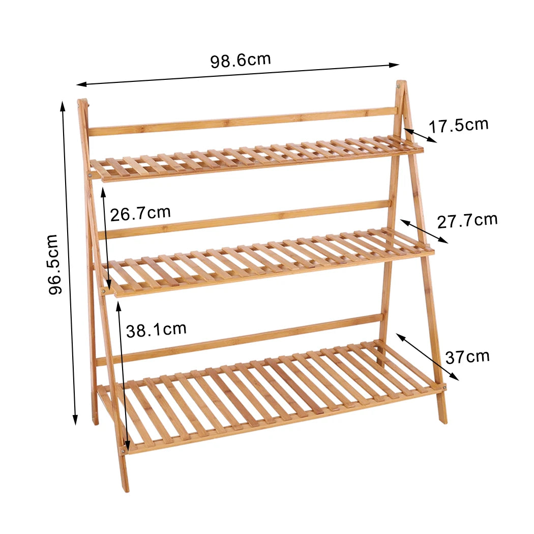 70/100cm Bamboo Plant Stand Folding 3 Tier Flower Pot Display Shelf Indoor Outdoor Ladder Garden Rack for Patio Balcony Living Room