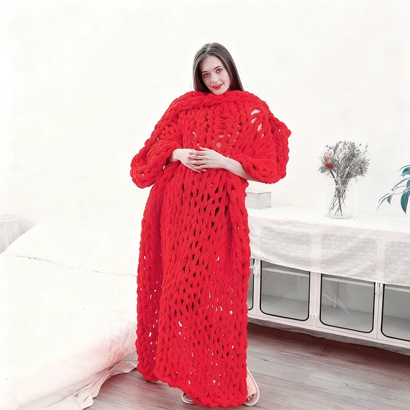 Hand Chunky Knitted Blanket Thick Yarn Merino Wool Bulky Knitting Throw Blankets Throw Carpets Soft Warm Winter Home Sofa Bed