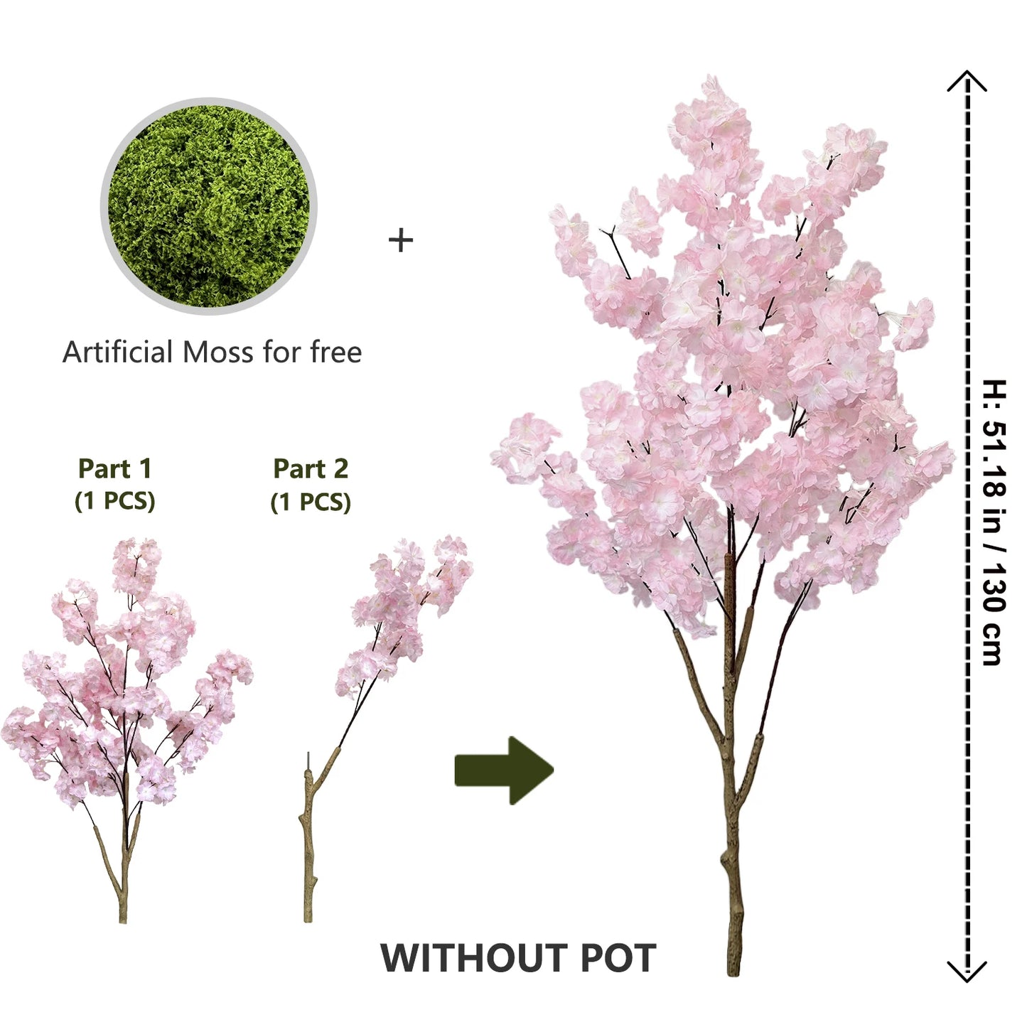 Artificial Pink Cherry Blossom Tree Trunk Faux Silk Leaves Plant for Home Office Indoor Outdoor Decor