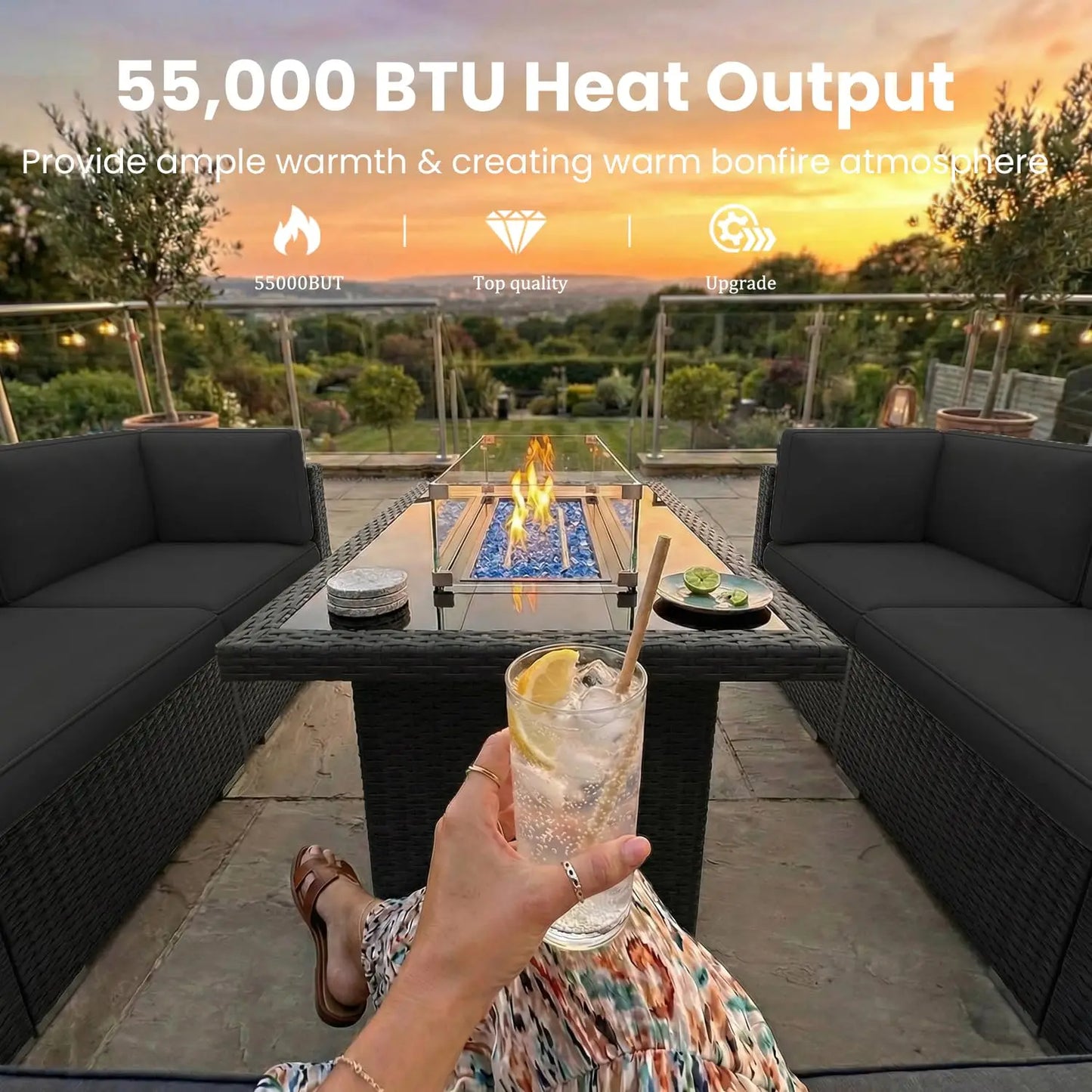 8 Pieces Patio Furniture Set with 44" Propane Gas Fire Pit Table, Outdoor Sectional Wicker Conversation Sofa Sets with Coffee Ta