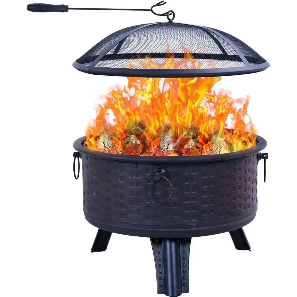 Round Deep Wood-Burning Fire Pit with Spark Screen Cover and Poker