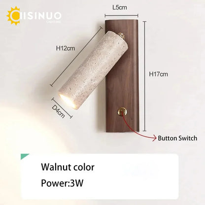 Wabi‑Sabi Natural Yellow Travertine Stone Wall Lamp Wood Rotating Light with Switch Bedside Light for Bedroom Corridor Home Deco