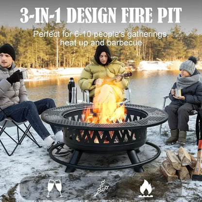 42 Inch Round Outdoor Fire Pit with Dual Grills, Wood-Burning, Ideal for Backyard Parties and Picnics