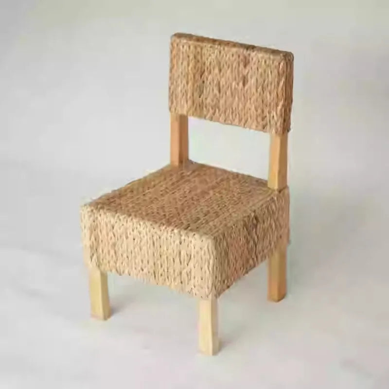 Pastoral Country Style Tea Room Grass Woven Rattan Stool Solid Wood round Seat Low Bench for Relaxed Seating Fashionable Shoe St