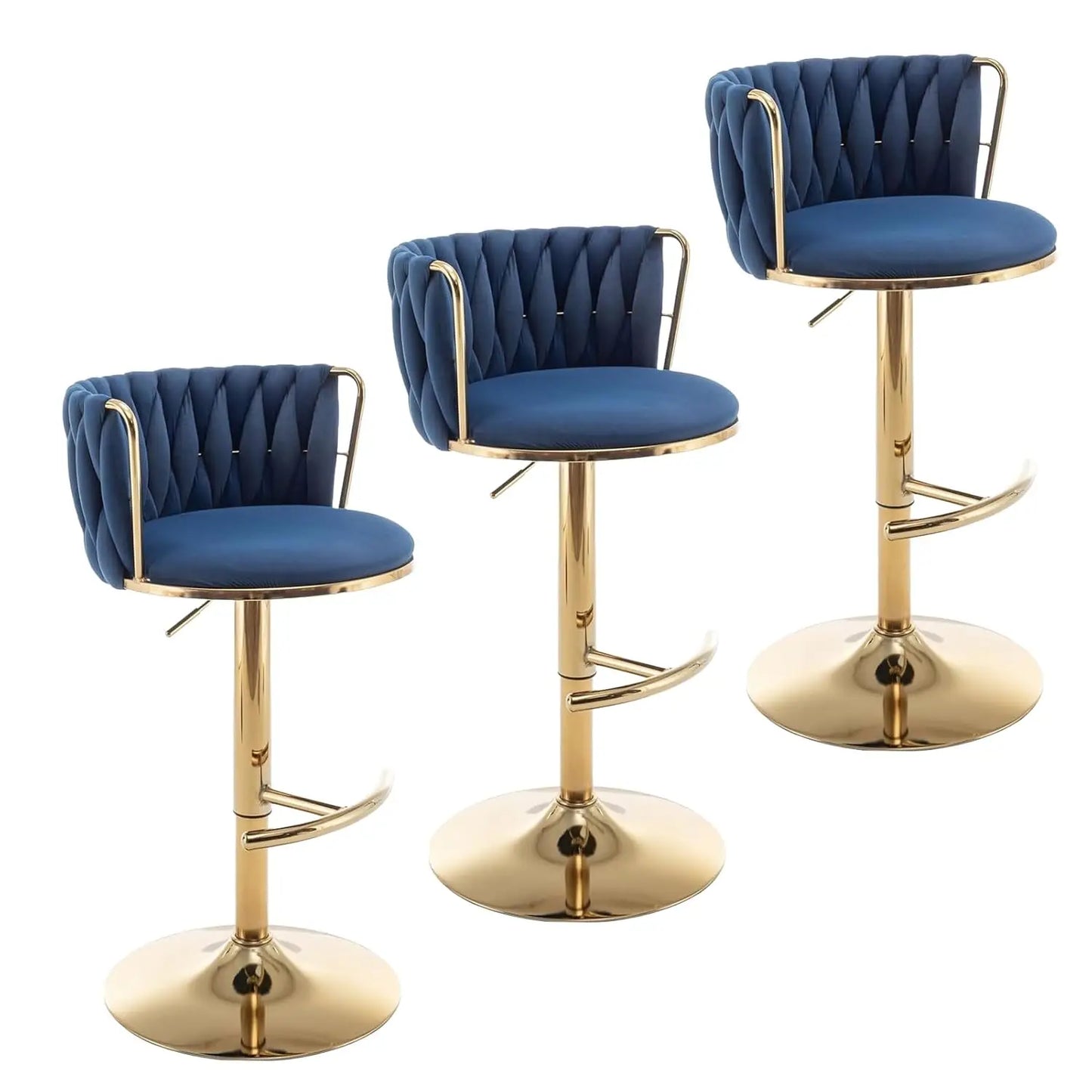 Gold Velvet Bar Stools Set of 3, Swivel Counter Height Bar Stools with Back, Adjustable Woven Barstools for Kitchen, Customized
