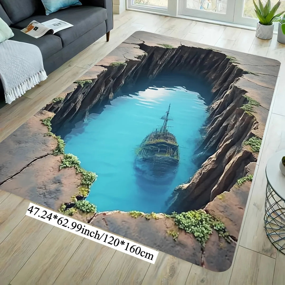 Abstract 3D Landscape Round Area Rug, Cave and Ocean Design Non Slip Floor Mat for Living Room Kitchen and Bedroom