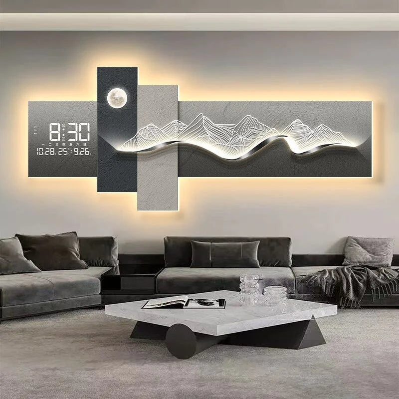 Modern Living Room Decoration Painting With Mountain Backed Led Clock Wall Lamp Painting Sofa Background Wall Hanging Painting