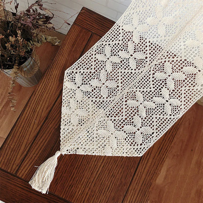 Table Runner Beige Christmas Crochet Lace Cotton Blended Fabric with Tassel For Coffee Table Decor Wedding Decoration