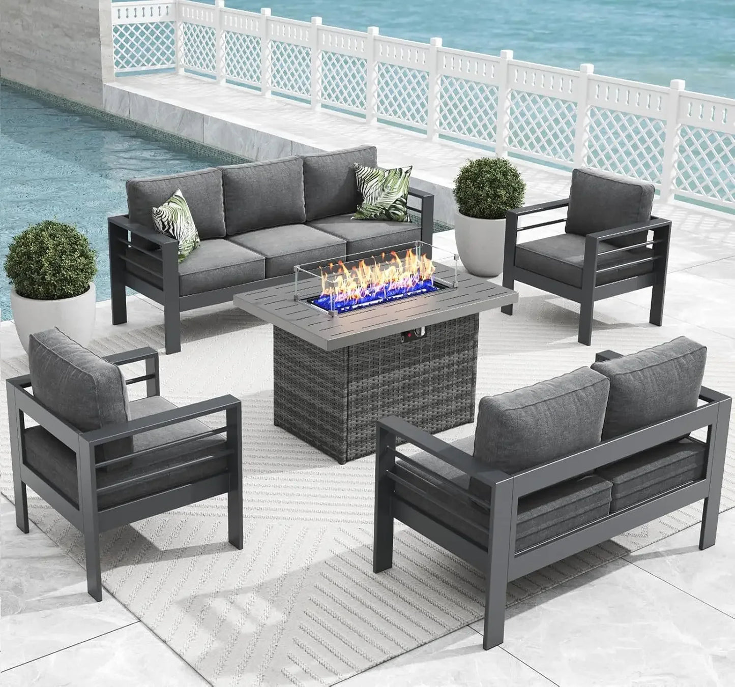 5 Pieces Modern Aluminum Patio Furniture Set with Fire Pit Table, Outdoor Conversation Sets Metal Sectional Sofa