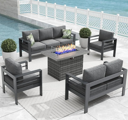 5 Pieces Modern Aluminum Patio Furniture Set with Fire Pit Table, Outdoor Conversation Sets Metal Sectional Sofa