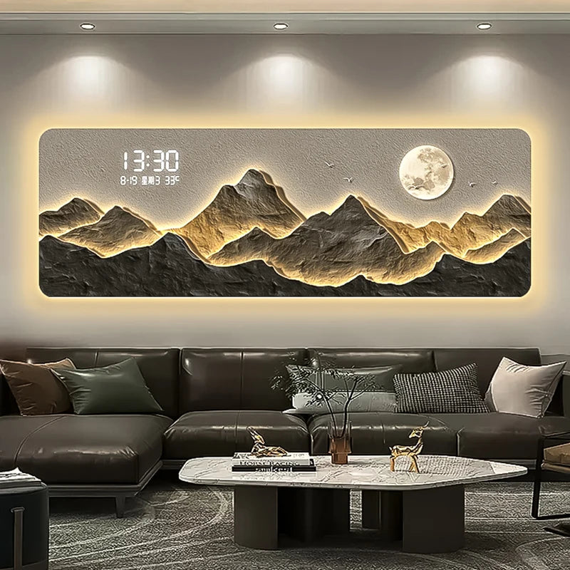 High end living room decoration painting, LED digital electronic clock, mountain back atmosphere light hanging painting