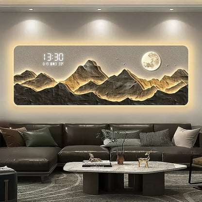 High end living room decoration painting, LED digital electronic clock, mountain back atmosphere light hanging painting