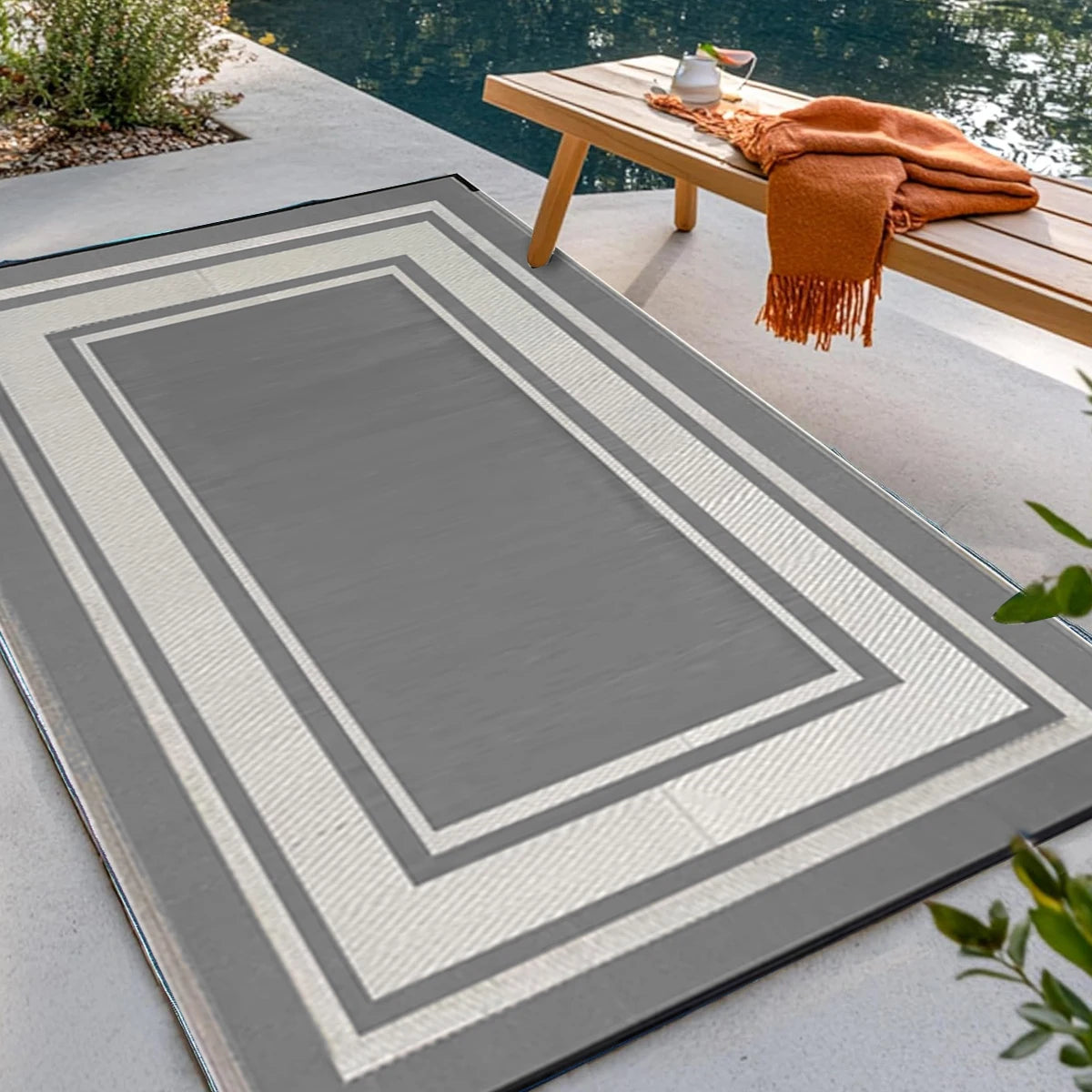 RURALITY Outdoor Rug  Waterproof for Patio Clearance Large Plastic Straw Mat for Camping Porch RV Reversible Grey&White