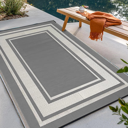 RURALITY Outdoor Rug  Waterproof for Patio Clearance Large Plastic Straw Mat for Camping Porch RV Reversible Grey&White