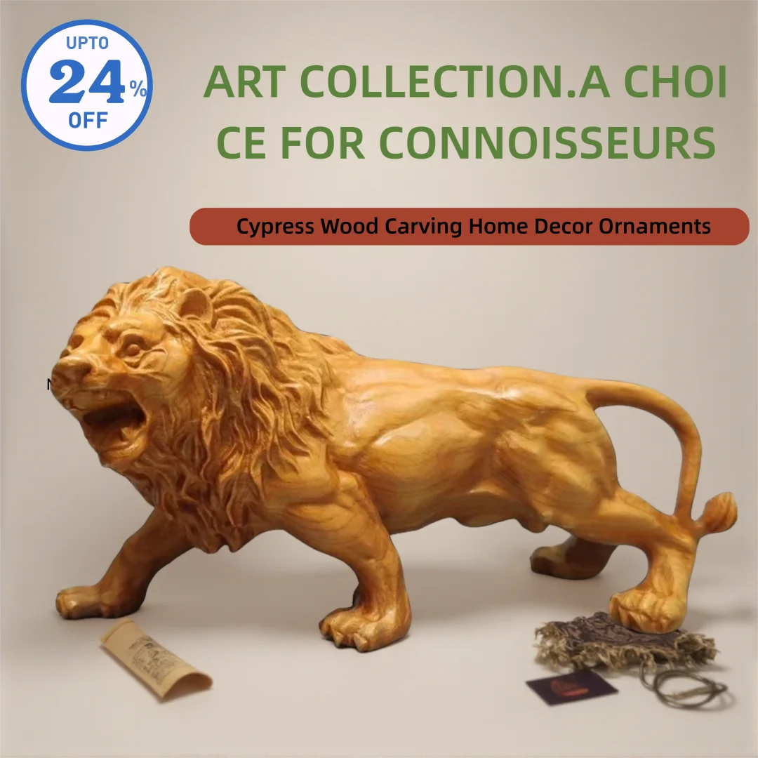 Natural Cypress Wood  Lion Statue, Solid Wood Hand-Carved Animal Sculpture Home Room Office Decoration Artwork The Perfect Gift