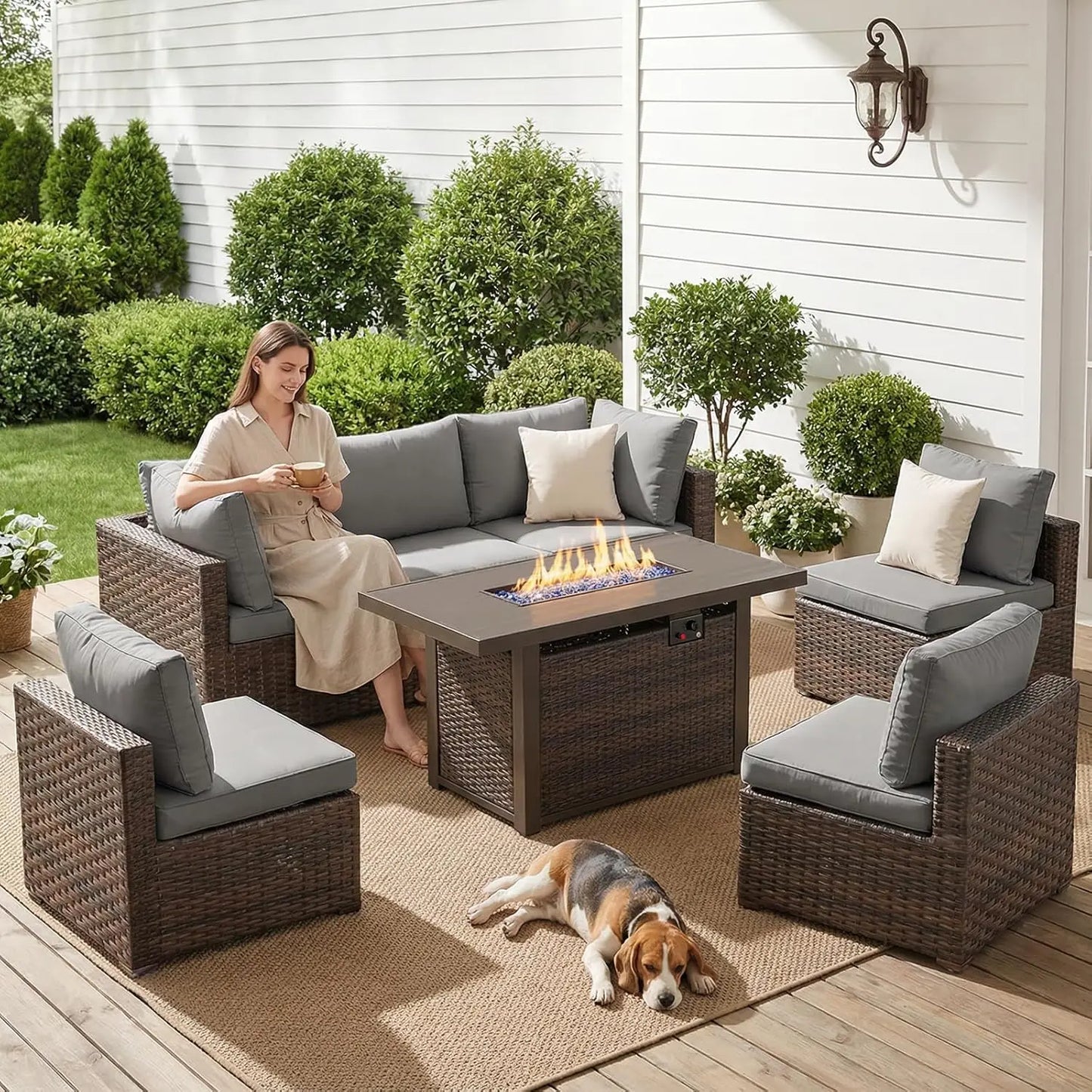7-Pieces Patio Furniture Sets Outdoor Sectional Sofa with 44'' Propane Rattan Wicker Firepit Table, Patio Sectional, Customized