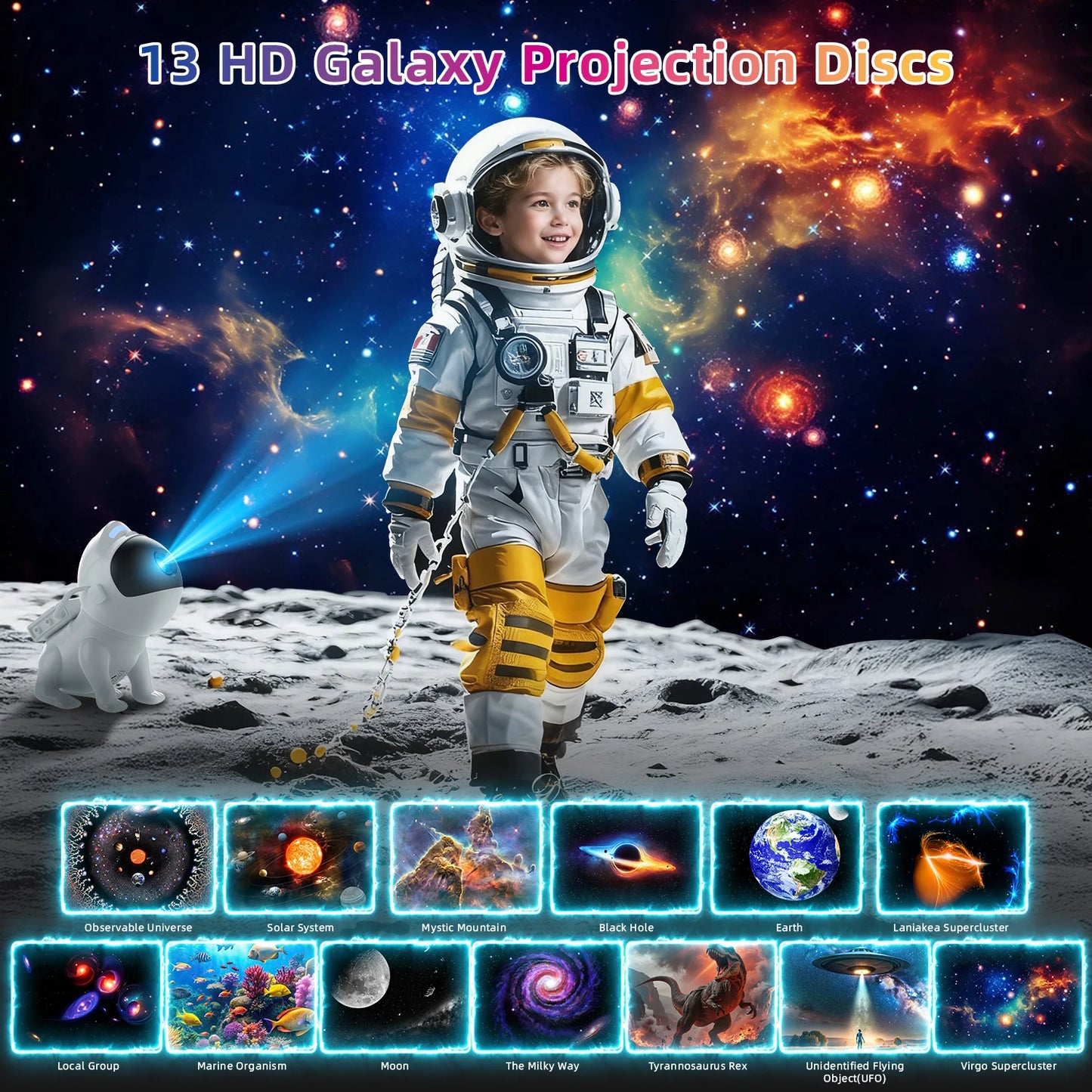 Star Projector Space Dog Projector Night Light 13 High-Definition Galaxy Discs Bedroom Decor Space Projector Birthday Gift