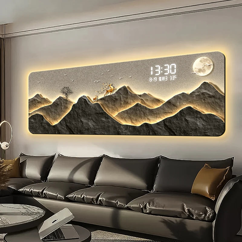 High end living room decoration painting, LED digital electronic clock, mountain back atmosphere light hanging painting