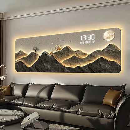 High end living room decoration painting, LED digital electronic clock, mountain back atmosphere light hanging painting
