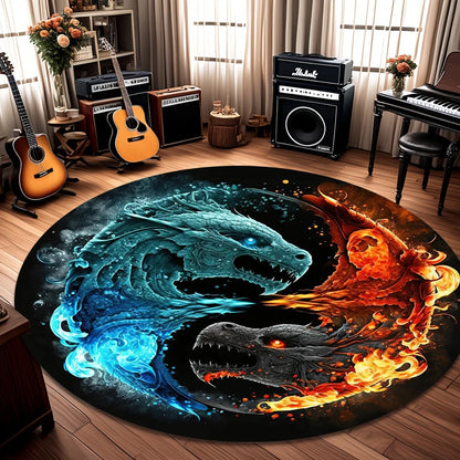 Round Yin Yang Dragon Koi Rug 2D Mythical Beast Rug Washable Non Slip Floor Mat for Living Room Bedroom Gaming Room Home Decor
