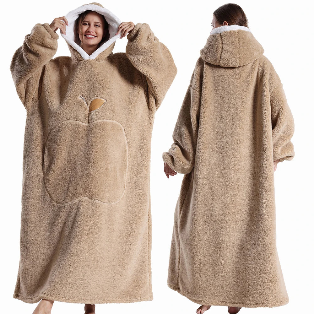 Winter Hooded Sweater Blanket Women Oversized Fleece Blanket With Sleeves Large Pocket Warm Thick TV Hoodie Robe Couple
