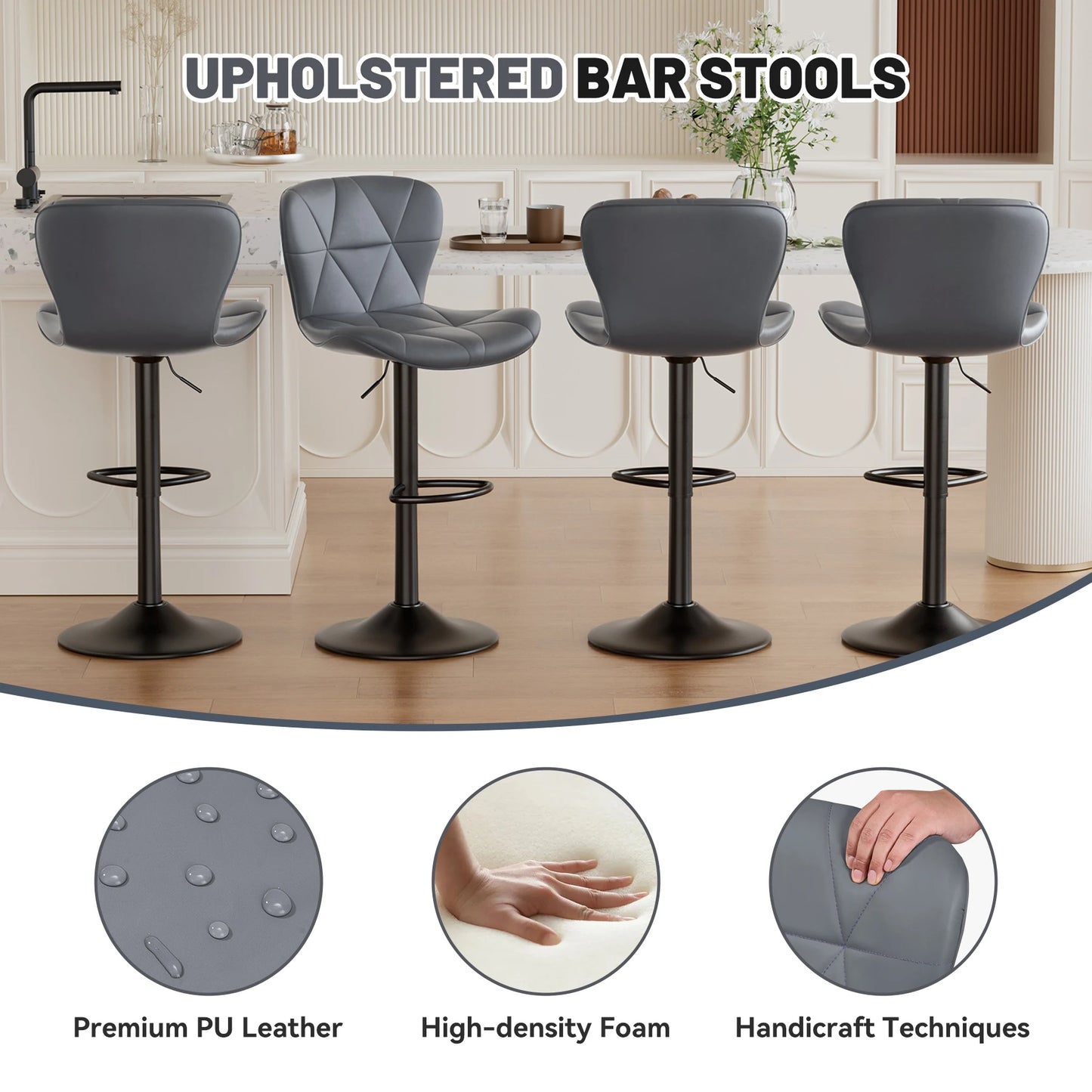 2 PCS Bar Stools, 360° Swivel Faux Leather Upholstery, Adjustable Counter Height, For Bars, Kitchens, Restaurants Furniture