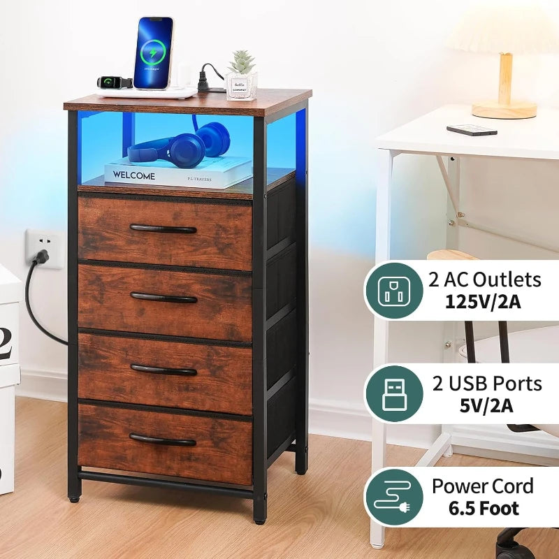LED Rustic Nightstand with Charging Station 4 Storage Drawers and Storage Shelf End Table with USB Ports and Outlets Furniture