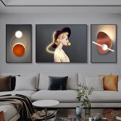 Living Room Decoration Painting LED Lighting Mural Painting Character Triptych Hanging Painting Bedroom Sofa Background Wall