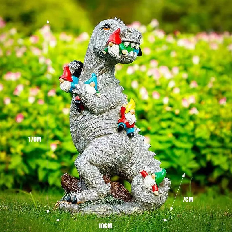 17CM Dinosaur vs Gnome Resin Statue Handmade Fantasy Sculpture Outdoor Garden Art Office Desk Decor Humorous Craft Figurine
