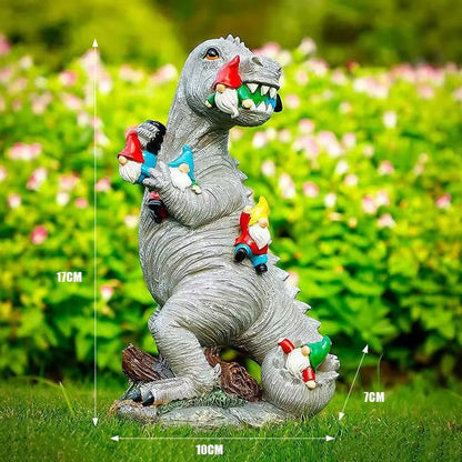 17CM Dinosaur vs Gnome Resin Statue Handmade Fantasy Sculpture Outdoor Garden Art Office Desk Decor Humorous Craft Figurine