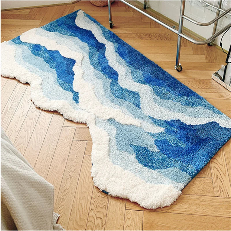 50x120cm Ocean Wave Soft Plush Runner Rug Blue White Gradient Tufted Floor Mat for Bedroom Living Room Home Decor