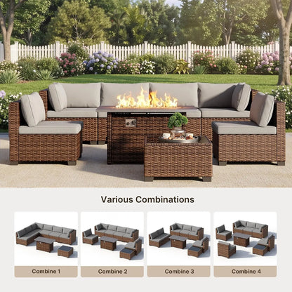 8 Piece Outdoor Patio Furniture Set with 44”Fire Pit Table, Outdoor Wicker Sectional Sofa Conversation Set with, Customized