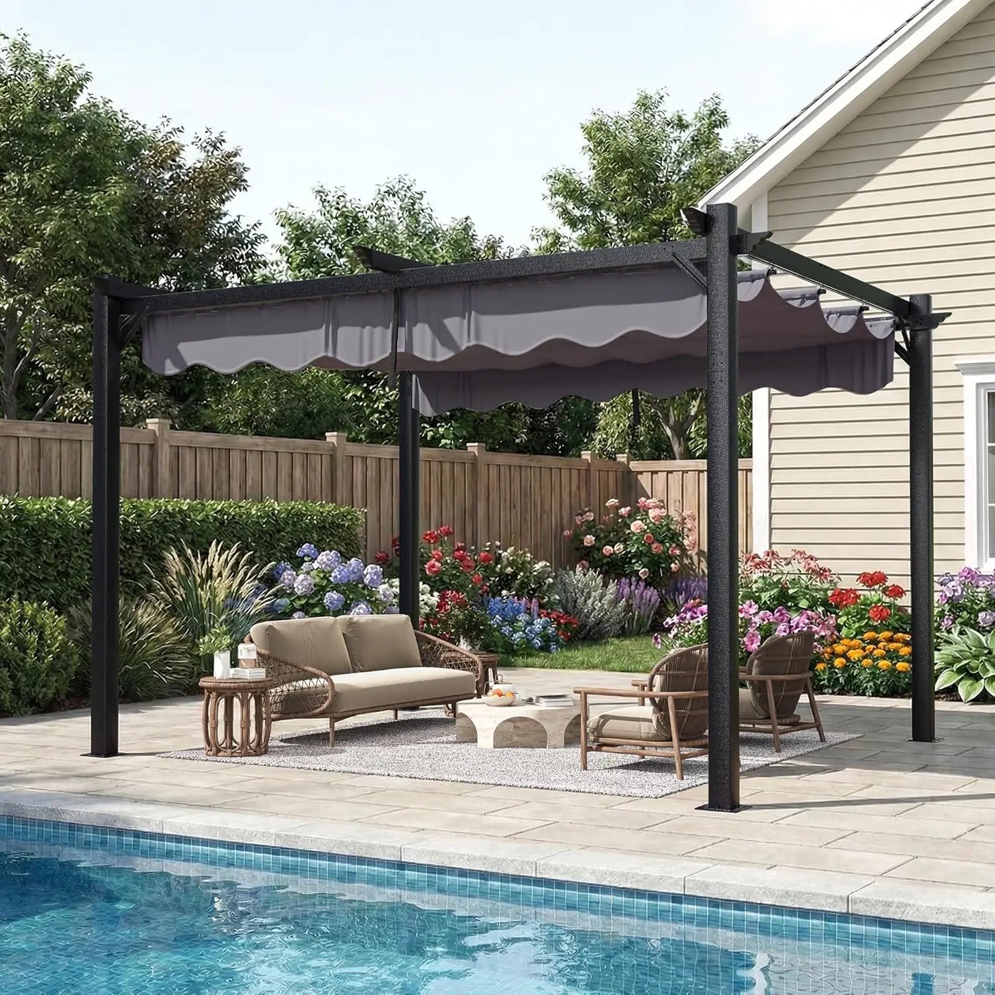 10'x12' Outdoor Pergola with Retractable Canopy, Patio Metal Heavy-Duty Gazebo Shelter for Backyard, Deck, Garden, Customized