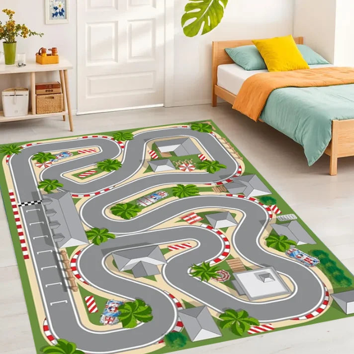 Race Track Play Rug Kids Playroom Kilim Base Racetrack Room Rug Non-Slip Car Play Mat Living Room Bedroom Home Decor Carpet