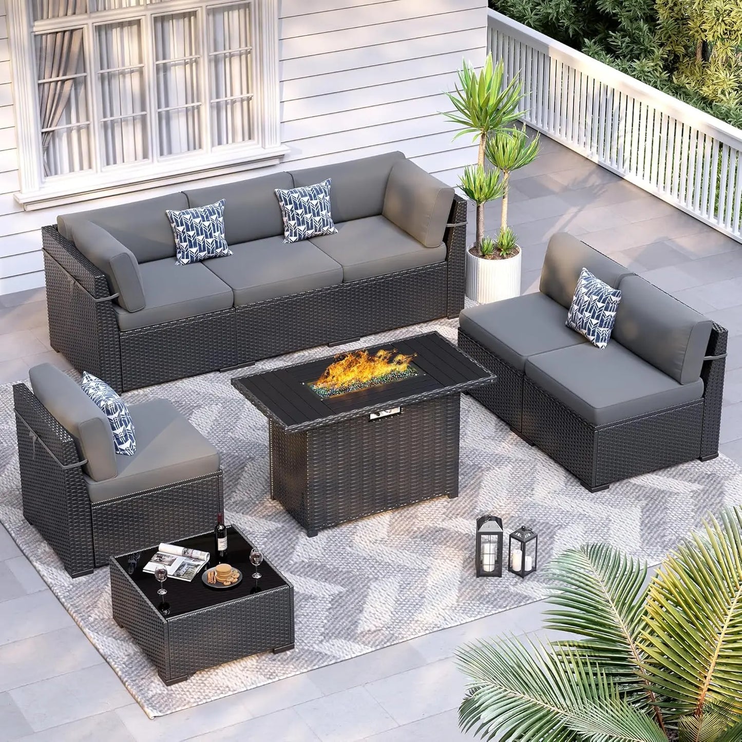 8pc Patio Set 44" Fire Pit Table All Weather Wicker Sectional Sofa Coffee Table Thickened Cushions Outdoor, Custom