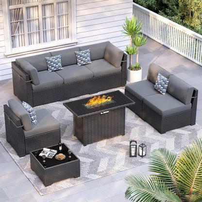 8pc Patio Set 44" Fire Pit Table All Weather Wicker Sectional Sofa Coffee Table Thickened Cushions Outdoor, Custom