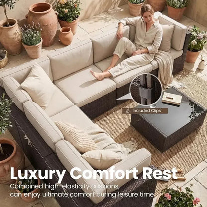 8-Piece Patio Furniture Set with 44 Gas Fire Pit Table, Outdoor Sectional Wicker Sofa with Coffee Table
