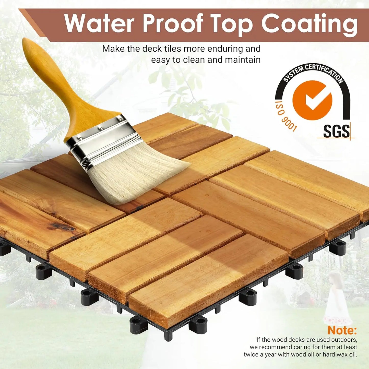 20-Piece Solid Acacia Interlocking Deck Tiles Outdoor Patio Flooring 12x12x0.9-Inch Waterproof for Balconies Backyards Porches Poolside All-Weather Use Brown Cross-Grain Square Joints