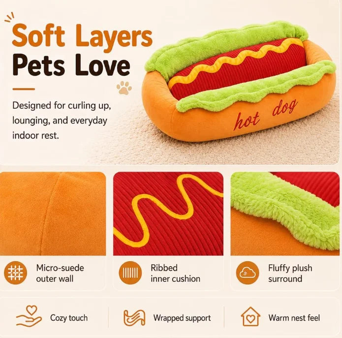 Hot Dog Pet Bed For Dachshund Cat Plush Removable Washable Pet Beds Soft Corduroy Non-Slip Bottom Pet Bed For Puppies Small Pets