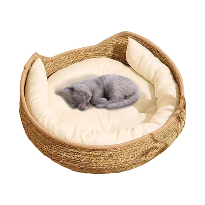 Cat Basket Bed Cotton Rope Round Bed for Cat Sleep with Pillow All Season Indoor Weaving Pet Resting Scratching Sleeping