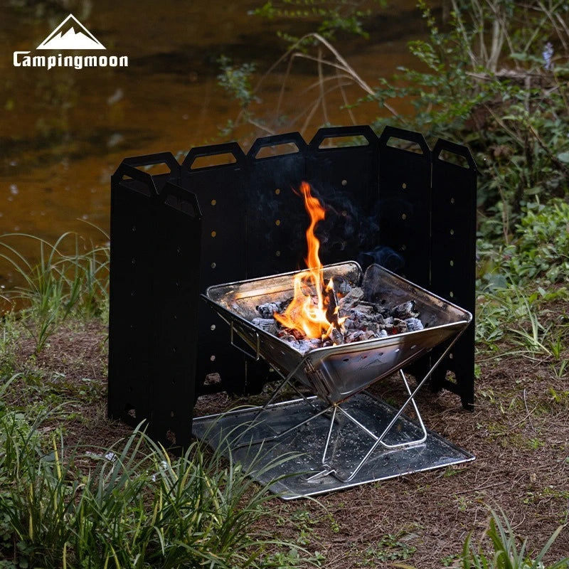 CAMPINGMOON YD-40 YD-50 Large Outdoor Windproof Fire Pit 8-Piece Iron Windbreak Screen Panels Camping Wood Stove Accessories