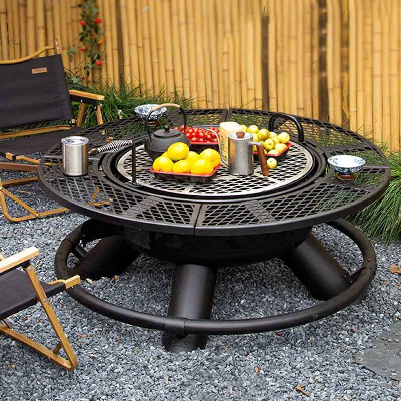 3-in-1 Outdoor Fire Pit BBQ Grill Round Charcoal Table Fireplace with Cooking Grate Heavy Duty Metal for Patio Backyard Party