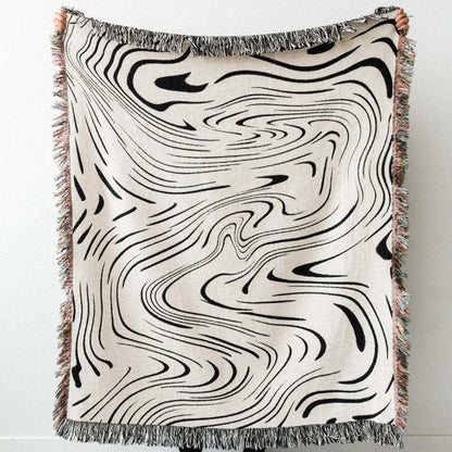 Abstract Wavy Jacquard Woven Throw Blanket Boho Black White Swirl Tassel Blanket Modern Art Woven Sofa Throw Home Decor