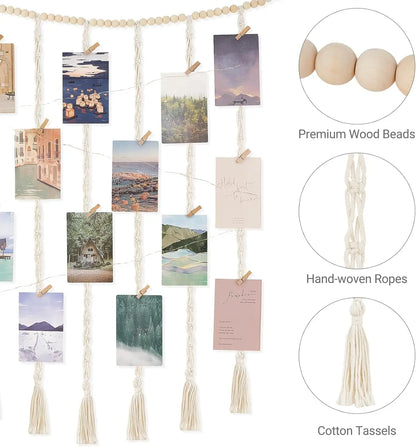 Macrame Hanging Photo Display Wall Decor Boho Wooden Beads Garland Picture Frame Holder with 30 Clips Bedroom Living Room Gifts