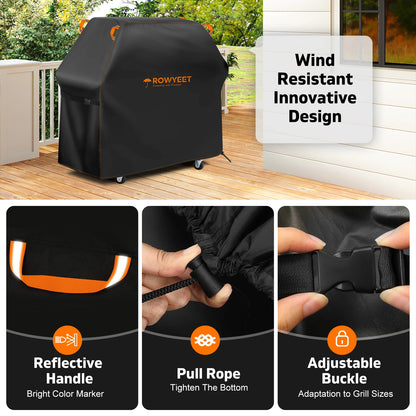 [Ry-210 Orange Line Bbq Cover] Rowyeet Outdoor Bbq Grill Cover, Waterproof and Uv-Resistant Gas Grill Cover, with Adjustable Hem, Suitable for Brands Such as Weber, Nexgrill, Expert Grill.