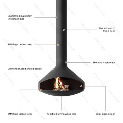 Ceiling Mounted Low-Energy Refractory Furnace Suspended Wood Stove Gas 800mm Hanging Fireplace Indoor Living Room