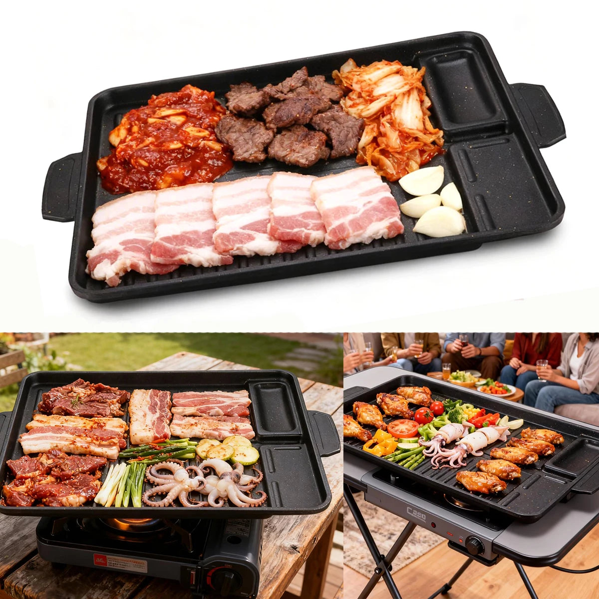 Korean Grill Pan for Indoor Outdoor Cooking Non-Stick Coated Smokeless BBQ Rectangular Barbecue Plate with Oil Hole