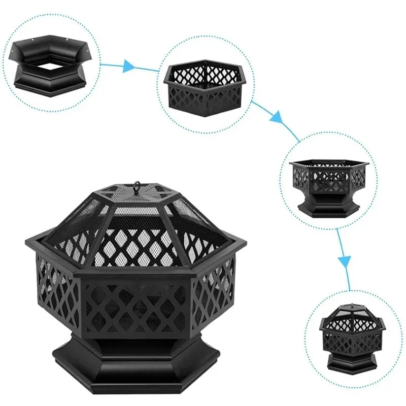 Portable Courtyard Metal Fire Pit 22" Hexagonal Shaped Iron Brazier Wood Burning Fire Pit Decoration for Backyard Poolside