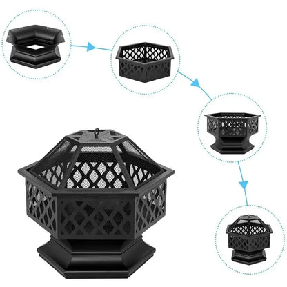 Portable Courtyard Metal Fire Pit 22" Hexagonal Shaped Iron Brazier Wood Burning Fire Pit Decoration for Backyard Poolside